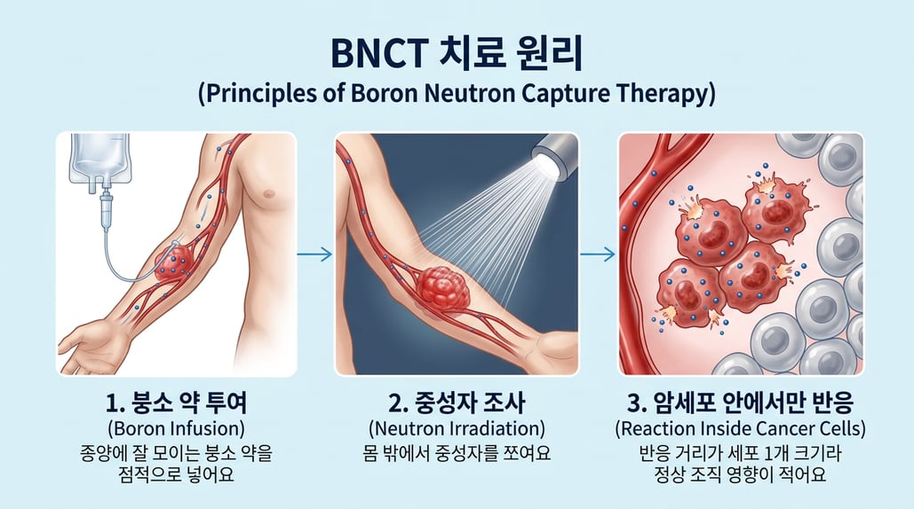 붕소 약이 암세포에 모인 뒤 중성자를 쪼여 암세포 안에서만 반응하는 원리