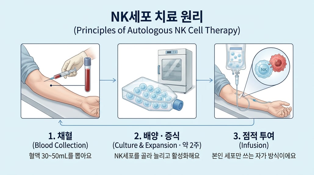 채혈 후 2주 배양으로 NK세포를 늘려 다시 투여하는 과정